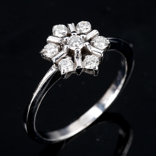 467 - A modern diamond cluster snowflake dress ring, unmarked white gold settings test as 18ct, set with m... 