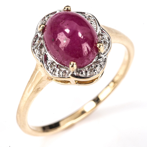 470 - A modern 9ct gold cabochon ruby and diamond cluster ring, set with oval cabochon ruby and single-cut... 