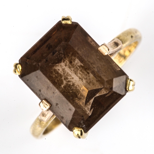 471 - A late 20th century 18ct gold smoky quartz dress ring, quartz length 11.7mm, size L, 3.4g