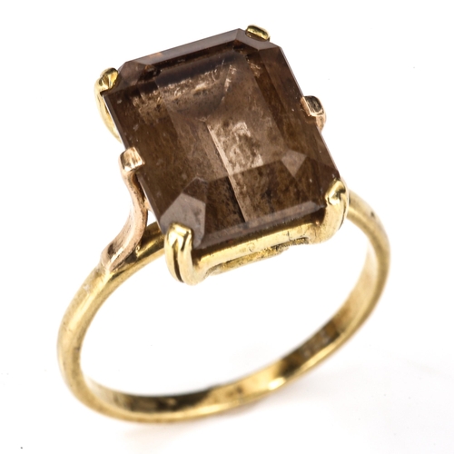 471 - A late 20th century 18ct gold smoky quartz dress ring, quartz length 11.7mm, size L, 3.4g