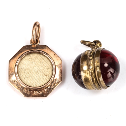 472 - A small Edwardian unmarked gold locket pendant, and a double-sided cabochon garnet locket fob, penda... 