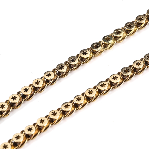 474 - An Antique unmarked gold fancy link Albert chain necklace, tests as 9ct gold, with dog-clip clasp, c... 