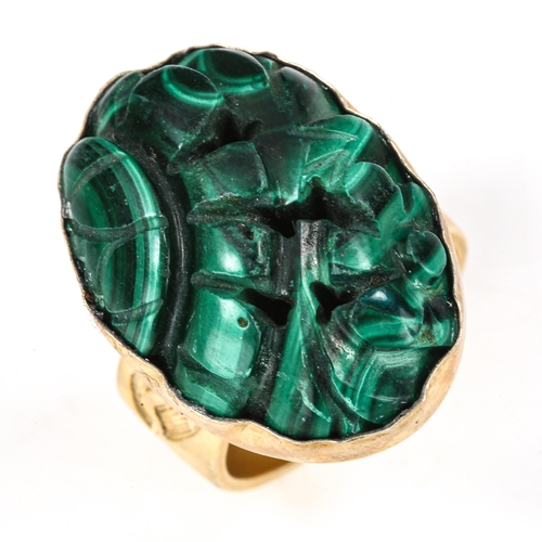 475 - A modern silver-gilt malachite dress ring, setting height 25.7mm, size O, 12.6g