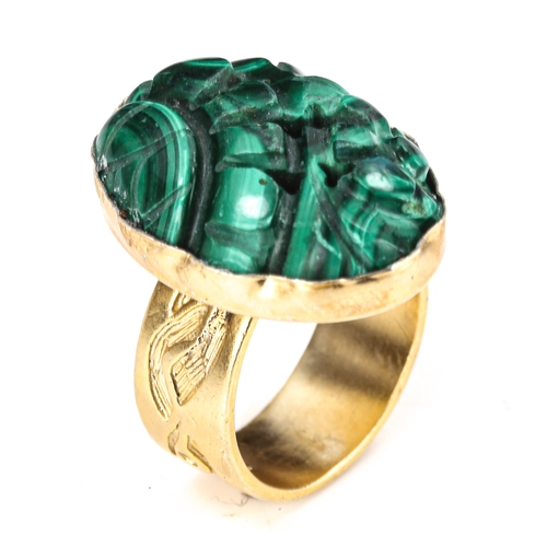 475 - A modern silver-gilt malachite dress ring, setting height 25.7mm, size O, 12.6g