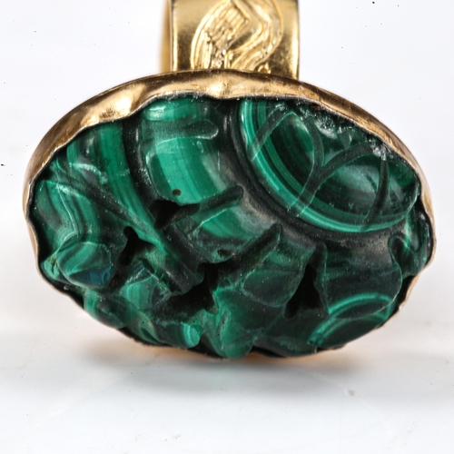 475 - A modern silver-gilt malachite dress ring, setting height 25.7mm, size O, 12.6g