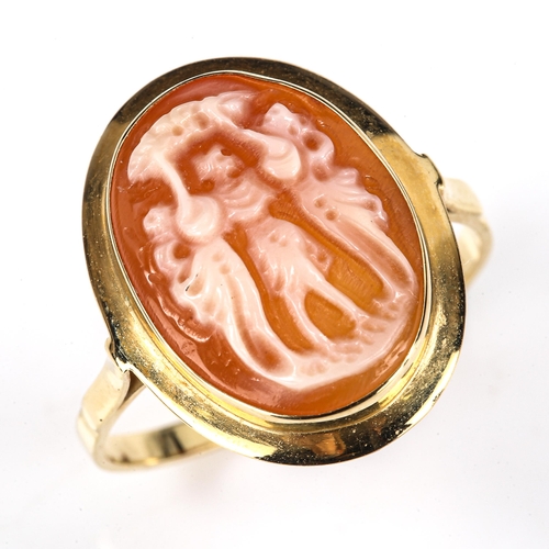 479 - A late 20th century Continental 18ct gold cameo ring, depicting Three Graces, setting height 18.8mm,... 