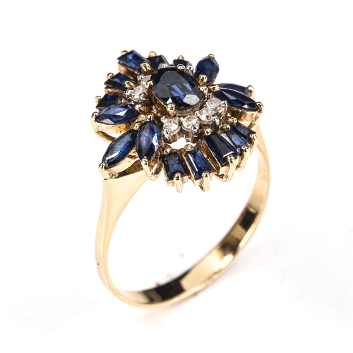 480 - A modern 14ct gold sapphire and diamond cluster ballerina dress ring, 17.6mm, size Q, 4.1g