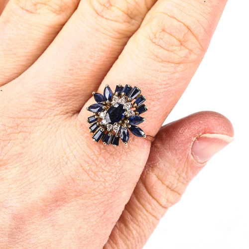 480 - A modern 14ct gold sapphire and diamond cluster ballerina dress ring, 17.6mm, size Q, 4.1g