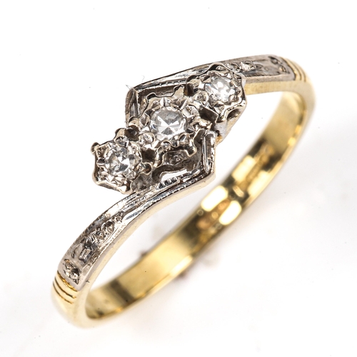 482 - An 18ct gold 3-stone diamond crossover ring, illusion set with single-cut diamonds, setting height 6... 