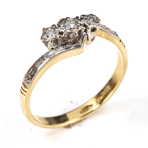 482 - An 18ct gold 3-stone diamond crossover ring, illusion set with single-cut diamonds, setting height 6... 