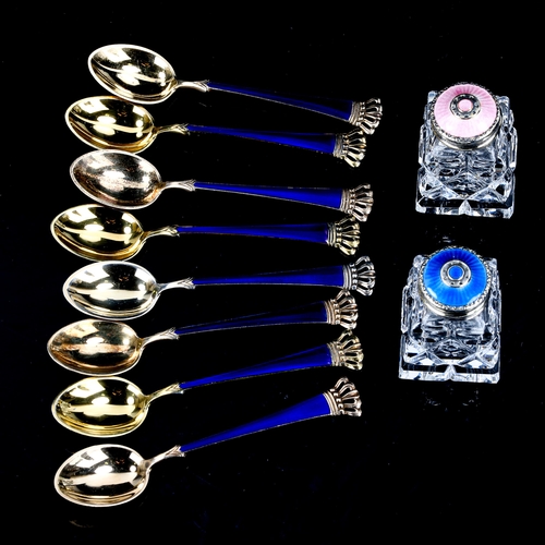 483 - Various Danish silver and enamel items, comprising set of 8 Egon Lauritzen coffee spoons and pair of... 