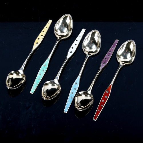 484 - S CHR FOGH - a set of 6 Danish vermeil sterling silver and harlequin enamel coffee spoons, length 10... 