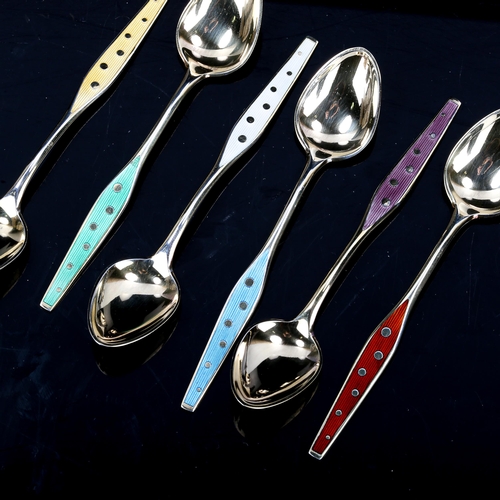 484 - S CHR FOGH - a set of 6 Danish vermeil sterling silver and harlequin enamel coffee spoons, length 10... 