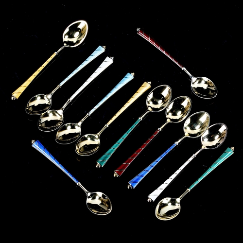 486 - EGON LAURIDSEN - a set of 12 Danish vermeil sterling silver and harlequin enamel coffee spoons, leng... 