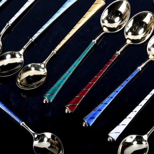 486 - EGON LAURIDSEN - a set of 12 Danish vermeil sterling silver and harlequin enamel coffee spoons, leng... 