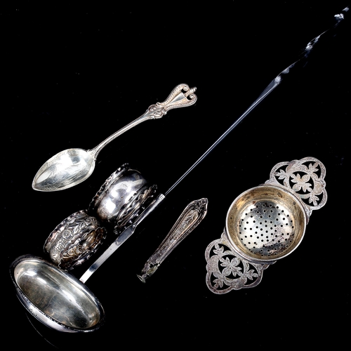 488 - Various silver, including tea strainer, Georgian toddy ladle, teaspoon etc, 2.4oz weighable