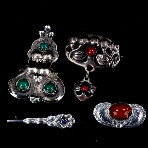 518 - 4 Danish Art Nouveau silver stone set brooches, largest height 73.1mm, 34.3g total (4)