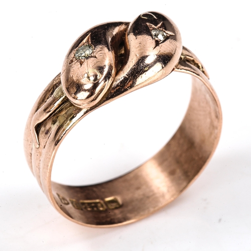 531 - An early 20th century 9ct rose gold diamond double-entwinned snake band ring, set with old and moder... 