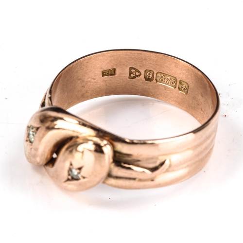 531 - An early 20th century 9ct rose gold diamond double-entwinned snake band ring, set with old and moder... 