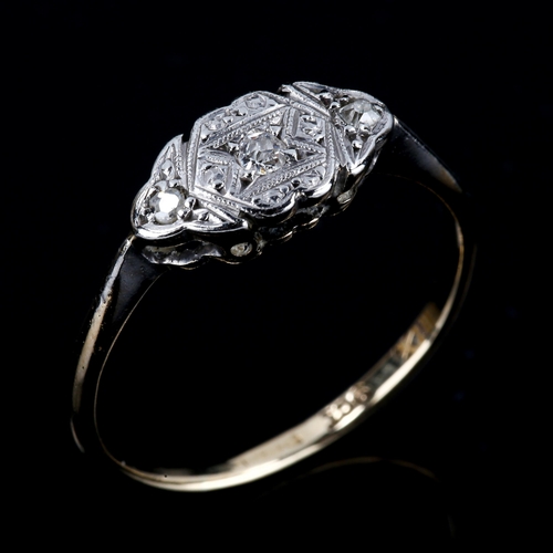 534 - An Art Deco 9ct gold diamond panel ring, platinum tops set with old-cut diamonds, setting height 5.6... 