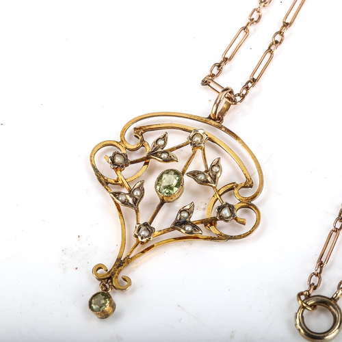 536 - An Edwardian 9ct gold peridot and pearl openwork pendant necklace, on unmarked yellow metal bar and ... 