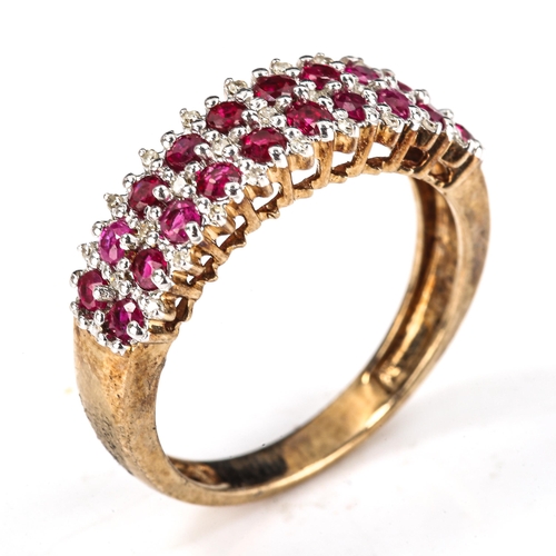 540 - A modern 9ct gold ruby and diamond cluster half hoop ring, setting height 6.6mm, size P, 3.6g