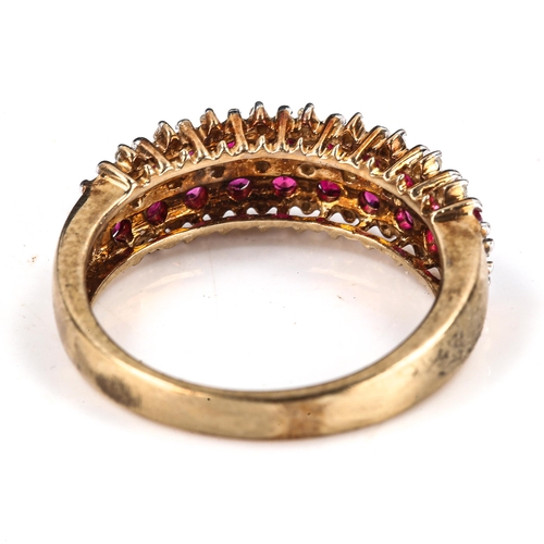 540 - A modern 9ct gold ruby and diamond cluster half hoop ring, setting height 6.6mm, size P, 3.6g