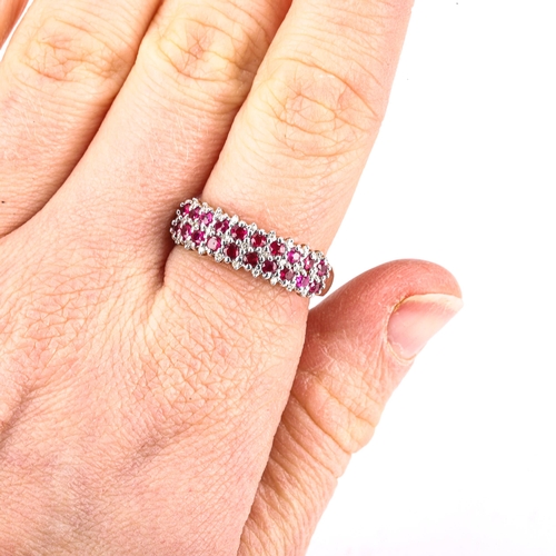 540 - A modern 9ct gold ruby and diamond cluster half hoop ring, setting height 6.6mm, size P, 3.6g