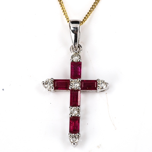 543 - A modern 18ct white gold ruby and diamond cross pendant necklace, on 9ct gold fine flat curb link ch... 