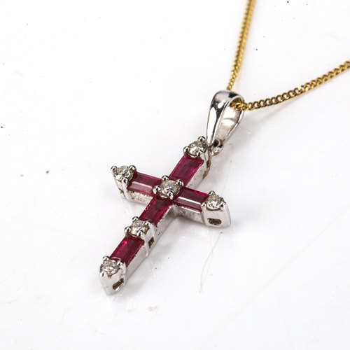 543 - A modern 18ct white gold ruby and diamond cross pendant necklace, on 9ct gold fine flat curb link ch... 