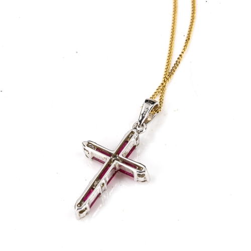 543 - A modern 18ct white gold ruby and diamond cross pendant necklace, on 9ct gold fine flat curb link ch... 