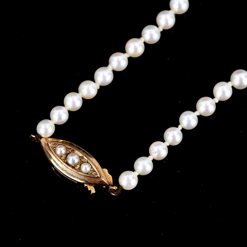 544 - A single-strand graduated pearl necklace, on 9ct clasp, necklace length 38cm, 13.3g