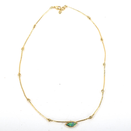 551 - A modern silver-gilt Australian black opal necklace, opal length 13.6mm, necklace length 46cm, 12.1g