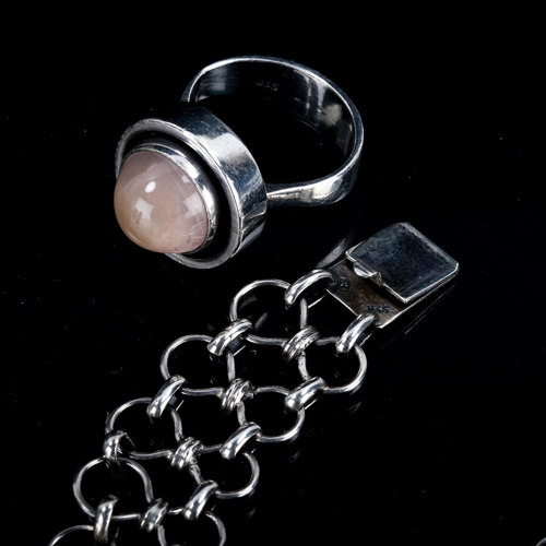 555 - A Scandinavian stylised silver and pink moonstone necklace and similar ring, necklace length 44cm, r... 