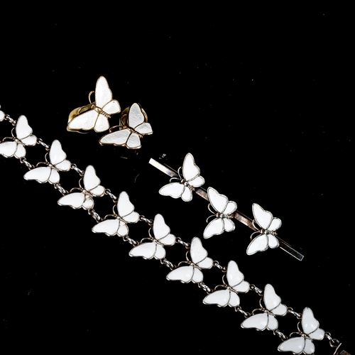 557 - VOLMER BAHNER - a Vintage Danish sterling silver and white enamel butterfly pattern demi-parure, com... 