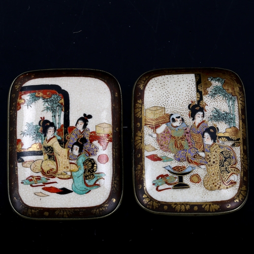 563 - 2 Japanese Satsuma porcelain panel brooches, hand painted and gilded decoration with white metal set... 