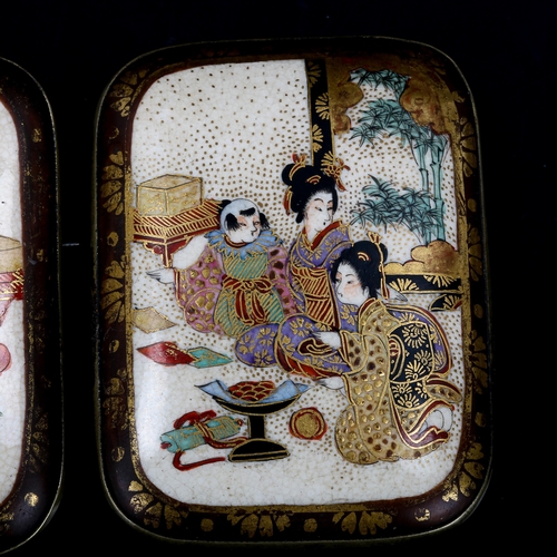 563 - 2 Japanese Satsuma porcelain panel brooches, hand painted and gilded decoration with white metal set... 