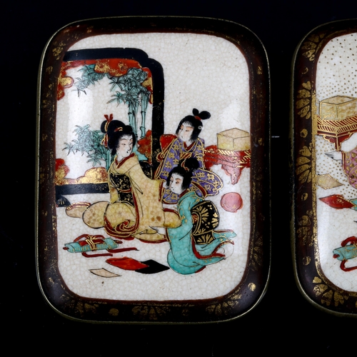 563 - 2 Japanese Satsuma porcelain panel brooches, hand painted and gilded decoration with white metal set... 