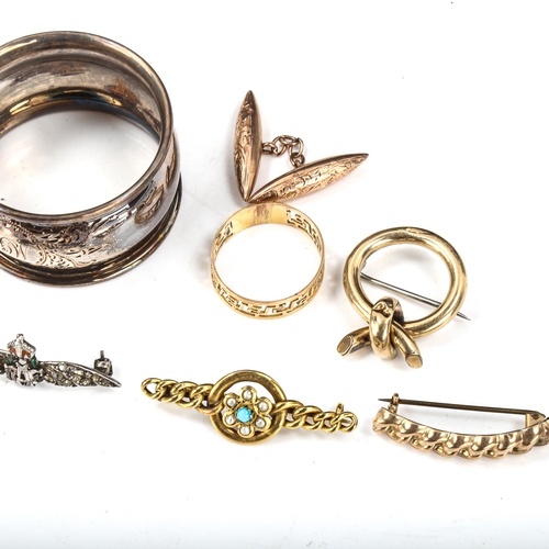 570 - Various jewellery and silver, including 9ct turquoise and pearl cluster brooch, single 9ct cufflink ... 