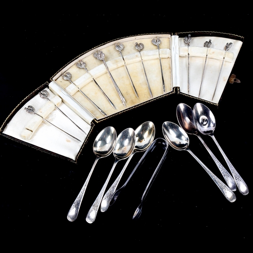 572 - A cased set of 12 silver cockerel cocktail sticks, and a cased set of silver spoons and sugar tongs