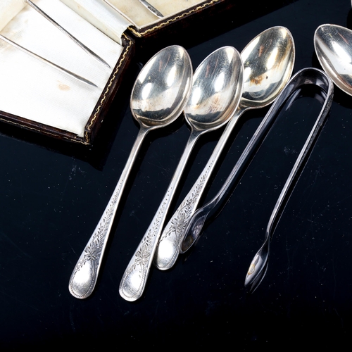 572 - A cased set of 12 silver cockerel cocktail sticks, and a cased set of silver spoons and sugar tongs