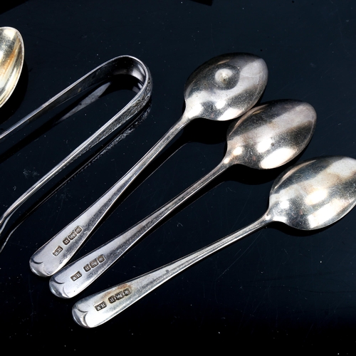 572 - A cased set of 12 silver cockerel cocktail sticks, and a cased set of silver spoons and sugar tongs