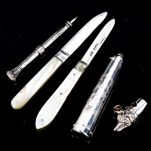 585 - Various silver, including dog whistle, propelling pencil etc