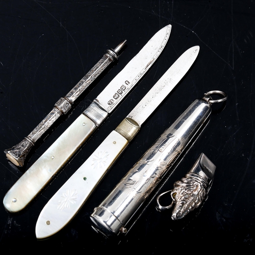 585 - Various silver, including dog whistle, propelling pencil etc