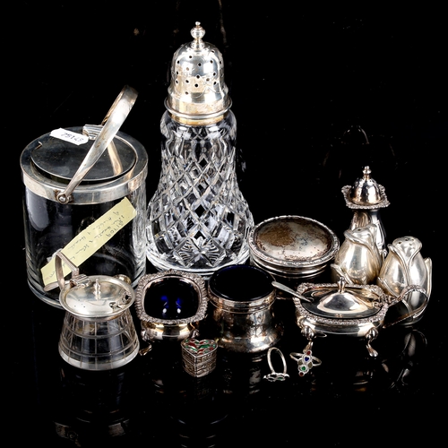 589 - Various silver and plate, including glass sugar caster, cruets, jewel box etc