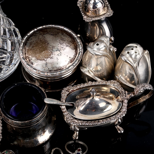 589 - Various silver and plate, including glass sugar caster, cruets, jewel box etc