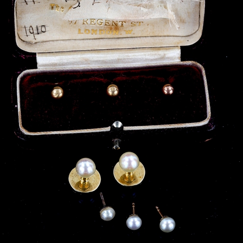 590 - A cased set of dress studs, and 3 pearl earrings