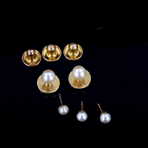 590 - A cased set of dress studs, and 3 pearl earrings