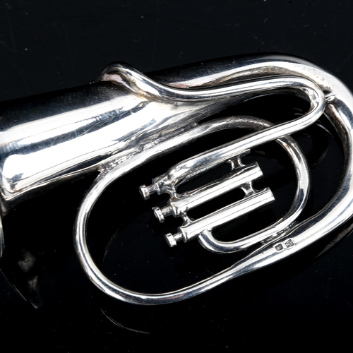 591 - A miniature Continental silver tuba instrument model, marked 835, length 6.5cm, 1.4oz, in fitted cas... 