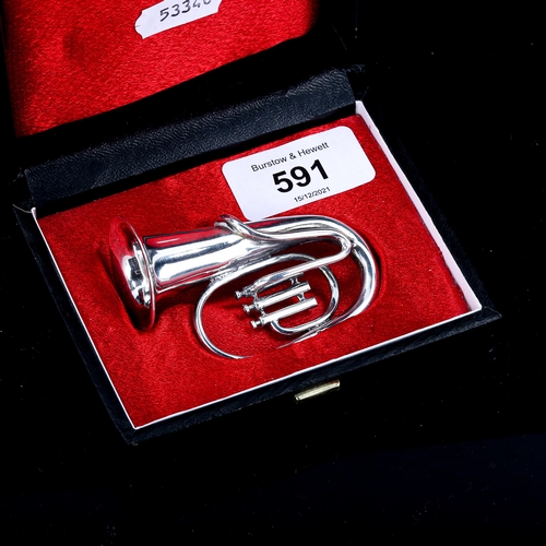 591 - A miniature Continental silver tuba instrument model, marked 835, length 6.5cm, 1.4oz, in fitted cas... 